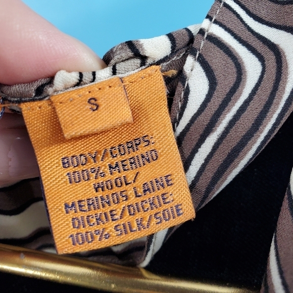 Tory Burch black wool sweater tan striped silk trim *flaw* - Picture 5 of 16